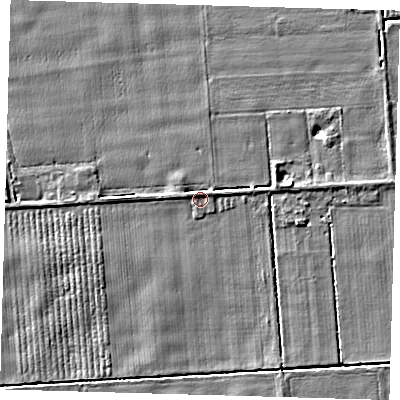 Shaded relief map of the ground around PE227ES, computed from Environment Agency LiDAR. The ground here sits at about 2 m above sea level and falls 3 m across the surrounding 800 m. Surface water reaching this point runs off ground lying to the north-north-east, 1.3 m higher.