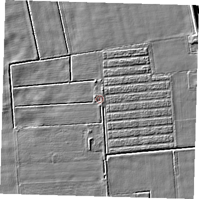 Shaded relief map of the ground around PE227ET, computed from Environment Agency LiDAR. The ground here sits at about 2 m above sea level and falls 5 m across the surrounding 800 m. Surface water reaching this point runs off ground lying to the south, 1.7 m higher.