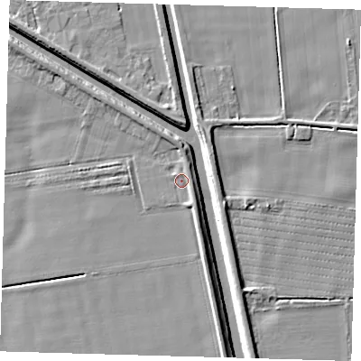 Shaded relief map of the ground around PE227EU, computed from Environment Agency LiDAR. The ground here sits at about 2 m above sea level and falls 5 m across the surrounding 800 m. Surface water reaching this point runs off ground lying to the south-south-east, 1.7 m higher.