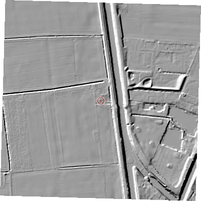 Shaded relief map of the ground around PE227EW, computed from Environment Agency LiDAR. The ground here sits at about 2 m above sea level and falls 7 m across the surrounding 800 m. The ground contributing surface water to this point lies to the north.