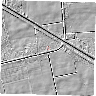 Shaded relief map of the ground around PE227HA, computed from Environment Agency LiDAR. The ground here sits at about 2 m above sea level and falls 5 m across the surrounding 800 m. Surface water reaching this point runs off ground lying to the west-south-west, 1.7 m higher.
