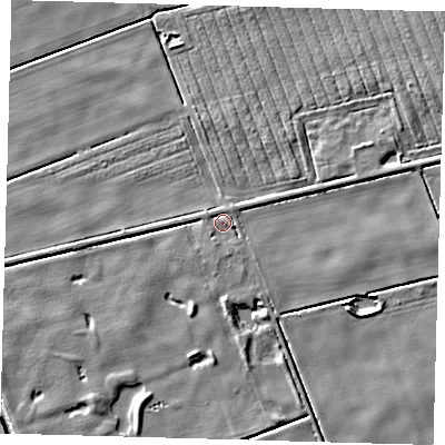 Shaded relief map of the ground around PE227HE, computed from Environment Agency LiDAR. The ground here sits at about 2 m above sea level and falls 5 m across the surrounding 800 m. Surface water reaching this point runs off ground lying to the east-south-east, 1.9 m higher.