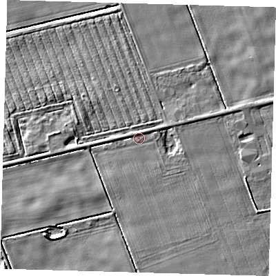 Shaded relief map of the ground around PE227HF, computed from Environment Agency LiDAR. The ground here sits at about 2 m above sea level and falls 4 m across the surrounding 800 m. Surface water reaching this point runs off ground lying to the north-east, 1.4 m higher.