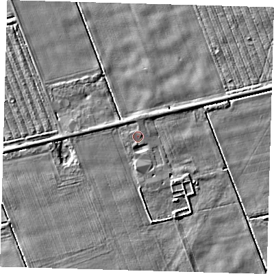 Shaded relief map of the ground around PE227HG, computed from Environment Agency LiDAR. The ground here sits at about 2 m above sea level and falls 4 m across the surrounding 800 m. Surface water reaching this point runs off ground lying to the east-north-east, 0.6 m higher.