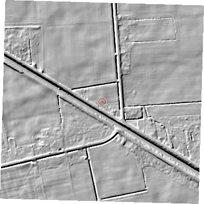 Shaded relief map of the ground around PE227HH, computed from Environment Agency LiDAR. The ground here sits at about 1 m above sea level and falls 5 m across the surrounding 800 m. Surface water reaching this point runs off ground lying to the south-east, 3.5 m higher.