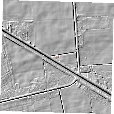 Shaded relief map of the ground around PE227HJ, computed from Environment Agency LiDAR. The ground here sits at about 1 m above sea level and falls 5 m across the surrounding 800 m. Surface water reaching this point runs off ground lying to the south-east, 3.5 m higher.