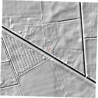 Shaded relief map of the ground around PE227HL, computed from Environment Agency LiDAR. The ground here sits at about 2 m above sea level and falls 5 m across the surrounding 800 m. Surface water reaching this point runs off ground lying to the west, 1.1 m higher.