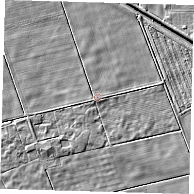 Shaded relief map of the ground around PE227HN, computed from Environment Agency LiDAR. The ground here sits at about 2 m above sea level and falls 4 m across the surrounding 800 m. Surface water reaching this point runs off ground lying to the south-west, 2.6 m higher.