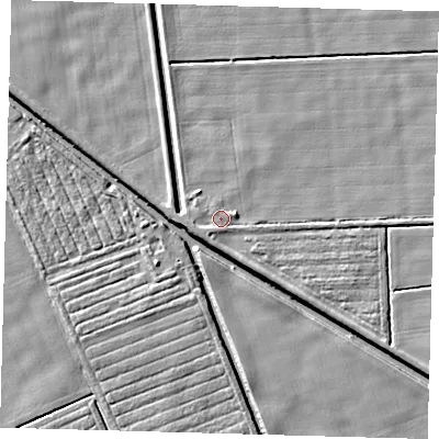 Shaded relief map of the ground around PE227HP, computed from Environment Agency LiDAR. The ground here sits at about 2 m above sea level and falls 5 m across the surrounding 800 m. Surface water reaching this point runs off ground lying to the south, 1.7 m higher.