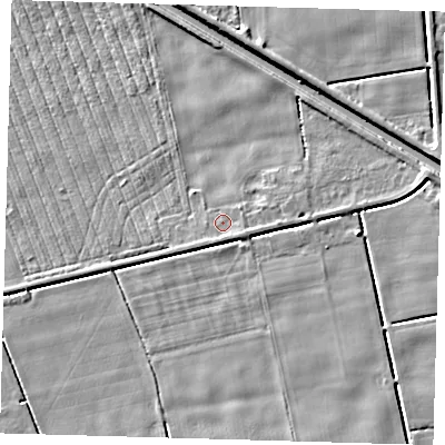 Shaded relief map of the ground around PE227HQ, computed from Environment Agency LiDAR. The ground here sits at about 2 m above sea level and falls 4 m across the surrounding 800 m. Surface water reaching this point runs off ground lying to the south-south-east, 1.3 m higher.