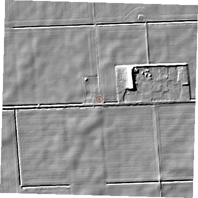 Shaded relief map of the ground around PE227HR, computed from Environment Agency LiDAR. The ground here sits at about 2 m above sea level and falls 9 m across the surrounding 800 m. Surface water reaching this point runs off ground lying to the east-north-east, 8.5 m higher.