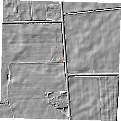 Shaded relief map of the ground around PE227HT, computed from Environment Agency LiDAR. The ground here sits at about 2 m above sea level and falls 5 m across the surrounding 800 m. Surface water reaching this point runs off ground lying to the south-south-west, 4.6 m higher.