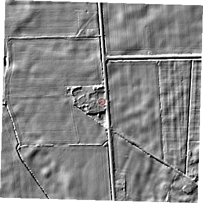 Shaded relief map of the ground around PE227HU, computed from Environment Agency LiDAR. The ground here sits at about 2 m above sea level and falls 5 m across the surrounding 800 m. Surface water reaching this point runs off ground lying to the north-north-west, 1.2 m higher.