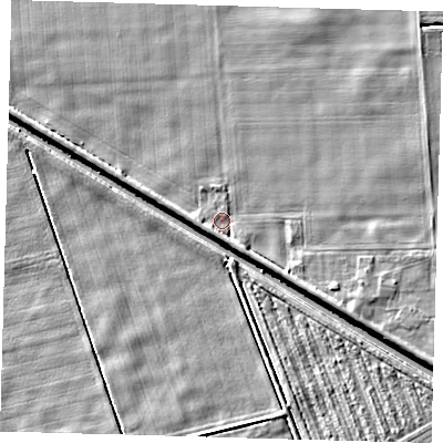 Shaded relief map of the ground around PE227HW, computed from Environment Agency LiDAR. The ground here sits at about 1 m above sea level and falls 4 m across the surrounding 800 m. Surface water reaching this point runs off ground lying to the south-east, 2.6 m higher.