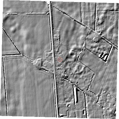 Shaded relief map of the ground around PE227HX, computed from Environment Agency LiDAR. The ground here sits at about 2 m above sea level and falls 5 m across the surrounding 800 m. Surface water reaching this point runs off ground lying to the west, 0.5 m higher.