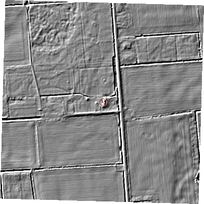 Shaded relief map of the ground around PE227HZ, computed from Environment Agency LiDAR. The ground here sits at about 2 m above sea level and falls 4 m across the surrounding 800 m. Surface water reaching this point runs off ground lying to the east-north-east, 2.0 m higher.