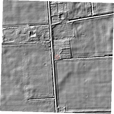 Shaded relief map of the ground around PE227JA, computed from Environment Agency LiDAR. The ground here sits at about 2 m above sea level and falls 3 m across the surrounding 800 m. Surface water reaching this point runs off ground lying to the west, 0.7 m higher.
