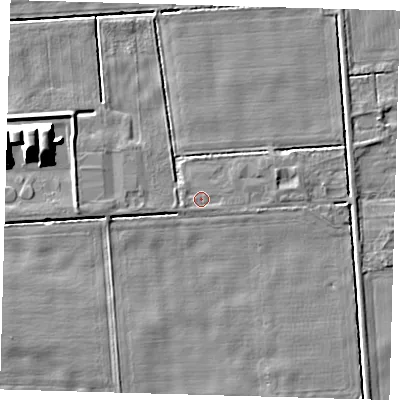 Shaded relief map of the ground around PE227JD, computed from Environment Agency LiDAR. The ground here sits at about 2 m above sea level and falls 9 m across the surrounding 800 m. Surface water reaching this point runs off ground lying to the west-south-west, 0.8 m higher.