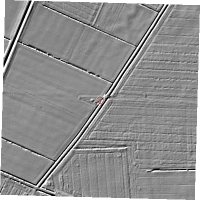 Shaded relief map of the ground around PE227JE, computed from Environment Agency LiDAR. The ground here sits at about 1 m above sea level and falls 3 m across the surrounding 800 m. The ground contributing surface water to this point lies to the west.
