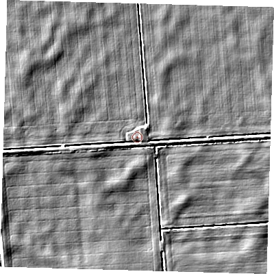 Shaded relief map of the ground around PE227JF, computed from Environment Agency LiDAR. The ground here sits at about 2 m above sea level and falls 3 m across the surrounding 800 m. Surface water reaching this point runs off ground lying to the east-south-east, 1.7 m higher.