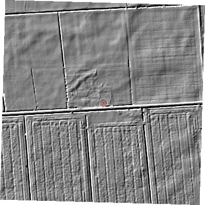 Shaded relief map of the ground around PE227JG, computed from Environment Agency LiDAR. The ground here sits at about 1 m above sea level and falls 3 m across the surrounding 800 m. Surface water reaching this point runs off ground lying to the east, 2.5 m higher.
