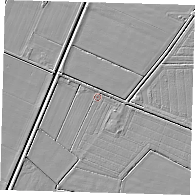 Shaded relief map of the ground around PE227JH, computed from Environment Agency LiDAR. The ground here sits at about 2 m above sea level and falls 4 m across the surrounding 800 m. Surface water reaching this point runs off ground lying to the north-west, 0.9 m higher.