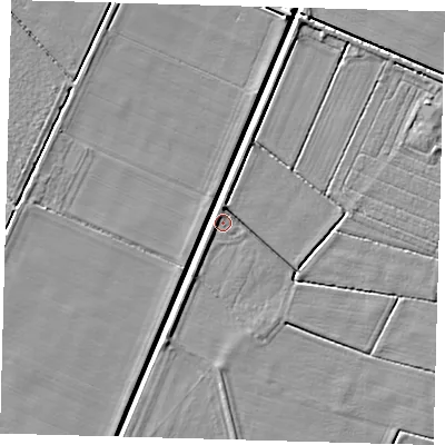 Shaded relief map of the ground around PE227JJ, computed from Environment Agency LiDAR. The ground here sits at about 2 m above sea level and falls 4 m across the surrounding 800 m. Surface water reaching this point runs off ground lying to the north-north-east, 4.2 m higher.