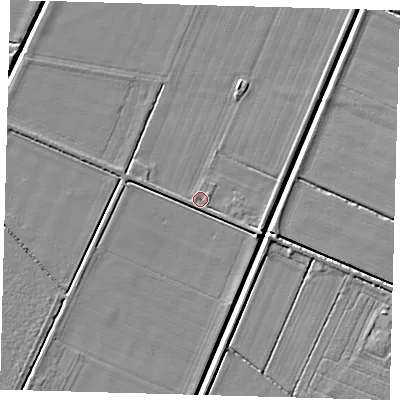 Shaded relief map of the ground around PE227JL, computed from Environment Agency LiDAR. The ground here sits at about 2 m above sea level and falls 5 m across the surrounding 800 m. Surface water reaching this point runs off ground lying to the south, 1.2 m higher.