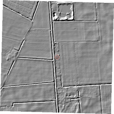 Shaded relief map of the ground around PE227JQ, computed from Environment Agency LiDAR. The ground here sits at about 2 m above sea level and falls 4 m across the surrounding 800 m. Surface water reaching this point runs off ground lying to the north-north-west, 0.8 m higher.