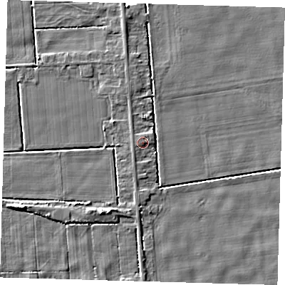 Shaded relief map of the ground around PE227JU, computed from Environment Agency LiDAR. The ground here sits at about 2 m above sea level and falls 5 m across the surrounding 800 m. Surface water reaching this point runs off ground lying to the south-west, 0.8 m higher.