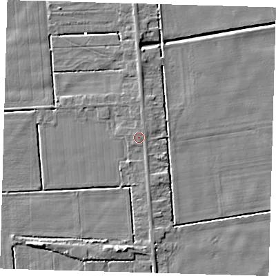 Shaded relief map of the ground around PE227JX, computed from Environment Agency LiDAR. The ground here sits at about 2 m above sea level and falls 5 m across the surrounding 800 m. The ground contributing surface water to this point lies to the north-east.
