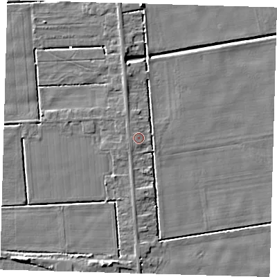 Shaded relief map of the ground around PE227JY, computed from Environment Agency LiDAR. The ground here sits at about 2 m above sea level and falls 5 m across the surrounding 800 m. Surface water reaching this point runs off ground lying to the west-south-west, 1.6 m higher.