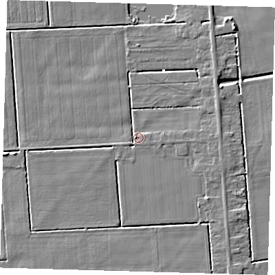 Shaded relief map of the ground around PE227JZ, computed from Environment Agency LiDAR. The ground here sits at about 1 m above sea level and falls 5 m across the surrounding 800 m. Surface water reaching this point runs off ground lying to the west-south-west, 1.8 m higher.