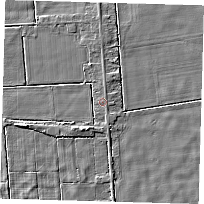 Shaded relief map of the ground around PE227LB, computed from Environment Agency LiDAR. The ground here sits at about 2 m above sea level and falls 5 m across the surrounding 800 m. Surface water reaching this point runs off ground lying to the east, 0.6 m higher.