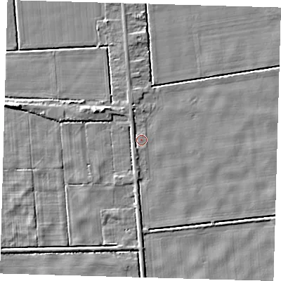 Shaded relief map of the ground around PE227LD, computed from Environment Agency LiDAR. The ground here sits at about 2 m above sea level and falls 5 m across the surrounding 800 m. Surface water reaching this point runs off ground lying to the south-south-west, 1.5 m higher.