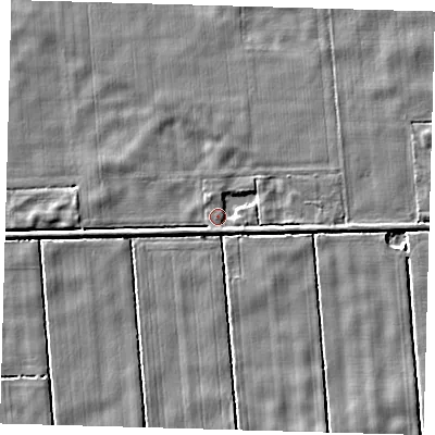 Shaded relief map of the ground around PE227LF, computed from Environment Agency LiDAR. The ground here sits at about 2 m above sea level and falls 2 m across the surrounding 800 m. Surface water reaching this point runs off ground lying to the east, 2.1 m higher.