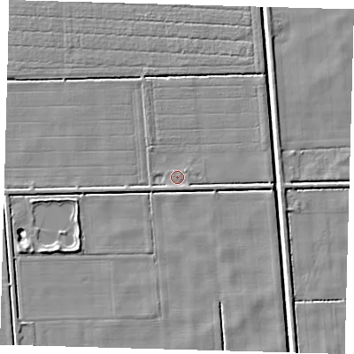 Shaded relief map of the ground around PE227LG, computed from Environment Agency LiDAR. The ground here sits at about 1 m above sea level and falls 4 m across the surrounding 800 m. Surface water reaching this point runs off ground lying to the east, 2.2 m higher.