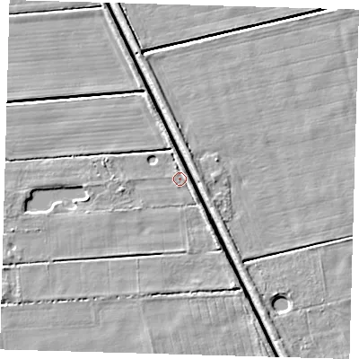 Shaded relief map of the ground around PE227LP, computed from Environment Agency LiDAR. The ground here sits at about 2 m above sea level and falls 4 m across the surrounding 800 m. Surface water reaching this point runs off ground lying to the south-east, 2.0 m higher.