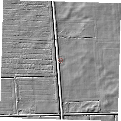 Shaded relief map of the ground around PE227LQ, computed from Environment Agency LiDAR. The ground here sits at about 2 m above sea level and falls 3 m across the surrounding 800 m. Surface water reaching this point runs off ground lying to the south, 1.7 m higher.