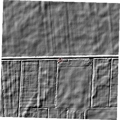 Shaded relief map of the ground around PE227LR, computed from Environment Agency LiDAR. The ground here sits at about 1 m above sea level and falls 3 m across the surrounding 800 m. Surface water reaching this point runs off ground lying to the west, 1.1 m higher.