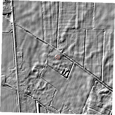 Shaded relief map of the ground around PE227LS, computed from Environment Agency LiDAR. The ground here sits at about 2 m above sea level and falls 4 m across the surrounding 800 m. Surface water reaching this point runs off ground lying to the north-north-east, 1.1 m higher.