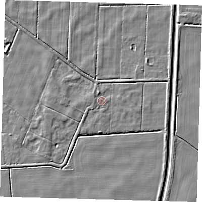 Shaded relief map of the ground around PE227LU, computed from Environment Agency LiDAR. The ground here sits at about 2 m above sea level and falls 4 m across the surrounding 800 m. Surface water reaching this point runs off ground lying to the north-north-west, 2.1 m higher.