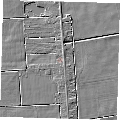 Shaded relief map of the ground around PE227LW, computed from Environment Agency LiDAR. The ground here sits at about 2 m above sea level and falls 5 m across the surrounding 800 m. Surface water reaching this point runs off ground lying to the south-east, 1.1 m higher.