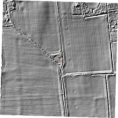 Shaded relief map of the ground around PE227NE, computed from Environment Agency LiDAR. The ground here sits at about 6 m above sea level and falls 9 m across the surrounding 800 m. Surface water reaching this point runs off ground lying to the north, 0.8 m higher.