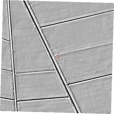 Shaded relief map of the ground around PE227NG, computed from Environment Agency LiDAR. The ground here sits at about 1 m above sea level and falls 4 m across the surrounding 800 m. The ground contributing surface water to this point lies to the east-north-east.