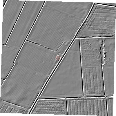 Shaded relief map of the ground around PE227NQ, computed from Environment Agency LiDAR. The ground here sits at about 2 m above sea level and falls 3 m across the surrounding 800 m. The ground contributing surface water to this point lies to the south-west.