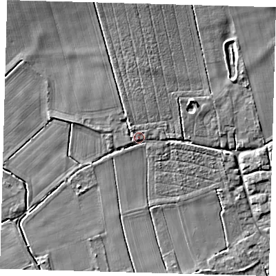 Shaded relief map of the ground around PE227RS, computed from Environment Agency LiDAR. The ground here sits at about 10 m above sea level and falls 11 m across the surrounding 800 m. Surface water reaching this point runs off ground lying to the north-north-west, 6.1 m higher.