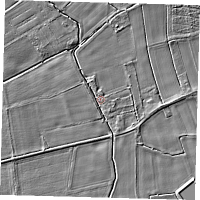Shaded relief map of the ground around PE227RX, computed from Environment Agency LiDAR. The ground here sits at about 7 m above sea level and falls 6 m across the surrounding 800 m. Surface water reaching this point runs off ground lying to the north-west, 4.0 m higher.