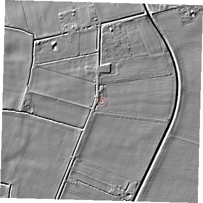 Shaded relief map of the ground around PE227RZ, computed from Environment Agency LiDAR. The ground here sits at about 4 m above sea level and falls 5 m across the surrounding 800 m. Surface water reaching this point runs off ground lying to the north-west, 0.7 m higher.