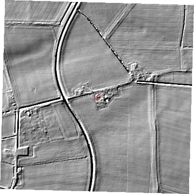 Shaded relief map of the ground around PE227SA, computed from Environment Agency LiDAR. The ground here sits at about 3 m above sea level and falls 5 m across the surrounding 800 m. Surface water reaching this point runs off ground lying to the west, 1.4 m higher.